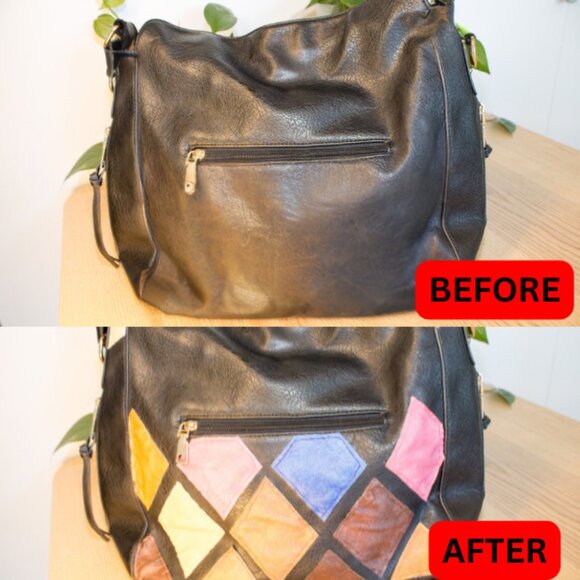 Faux Leather Handbag – Hand-Sewn Patchwork Design | Revitalized, Reinvented. - Picture 3 of 9